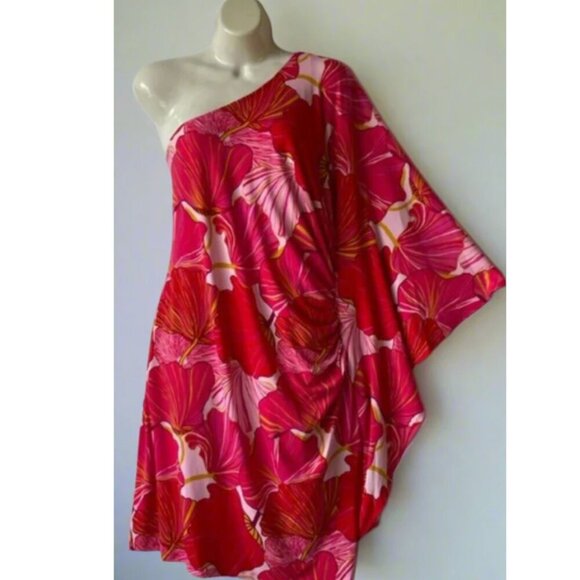 Trina Turk Mini Dress 12 Pink One Shoulder Floral Ruched Draped Bodycon - Picture 2 of 5